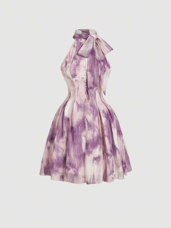 SHEIN MOD Vestido de verano romántico con lazo de cinta efecto tie-dye morado para mujer, vestido de vacaciones, vestido de fiesta, ropa occidental para mujer, atuendos de campo, ropa de playa de vacaciones, estilo bohemio para mujer, atuendos de cumpleaños para mujer, vestido de verano, atuendos de brunch, vestido floral morado, vestidos de verano, vestido lavanda de verano