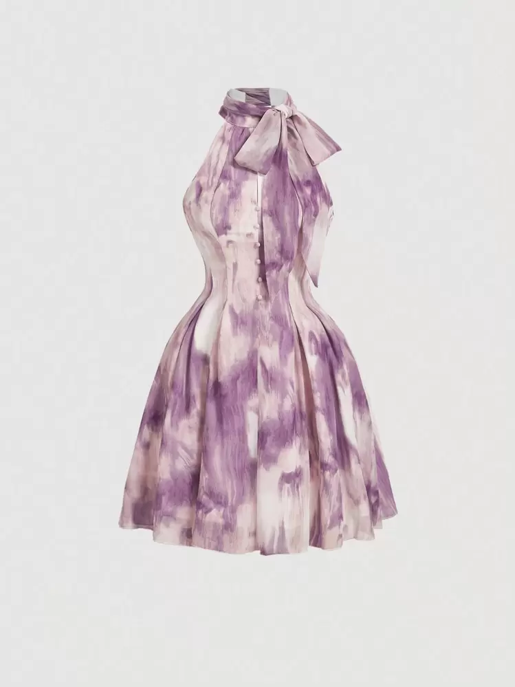 SHEIN MOD Women Purple Tie Dye Ribbon Bow Romantic Summer Dress,Vacation Dress, Holiday Dress,Western Wear Women,Country Outfits,Beach Vacation Wear,Boho Women,Birthday Outfits For Women,Summer Dress,Brunch Outfits,Purple Floral Dress,Summer Dresses,Lavender Dress Summer Clothes,Wedding Guest Party, Lightweight Chiffon Fabric, Romantic Style, Sleeveless Fit And Flare Dress, Elegant Summer Dress For Garden Wedding, Cocktail Party, Engagement, Reception, Holiday Gathering, Music Festival, Going Out - Mauve Purple - View 1