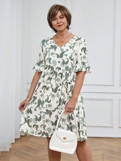 SHEIN LUNE V-Neck Short Sleeve Paisley Print Mid-Length Dress For Women, Vacation Wear