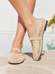 Styleloop 时尚方头休闲派对/办公室扣带透气镂空网眼一脚蹬平底鞋，杏色波西米亚西部音乐节派对装 - 杏色 - 查看 6