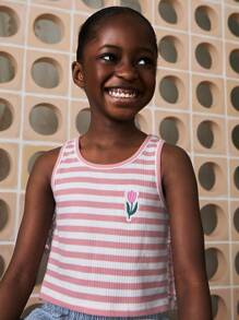 SHEIN Young Girls Floral Embroidered Pink Striped Ruffled Tank Tops & Camis, Casual Everyday Style