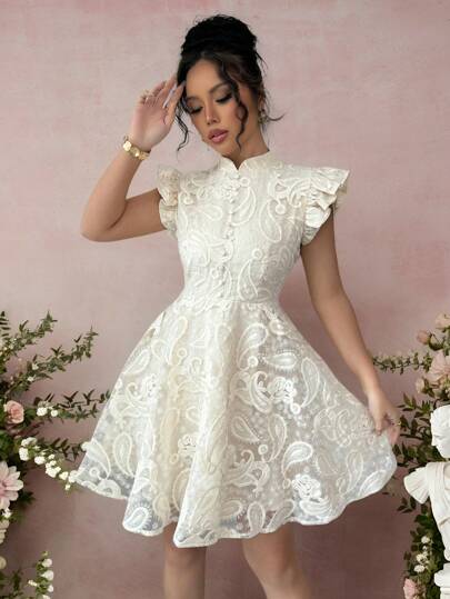 Airlisse Women's Elegant Stand Collar Lace Solid Cap Sleeve A-Line Mini Dress, Suitable For Date, Party, Garden, Valentine's Day, Holiday