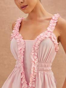 L'Amorae Elegant Spring Summer Vacation Ruffle Detail Pasted Pink Color Sleeveless Sheer Smocked Chiffon Top, Summer For Women - Pink - View 5