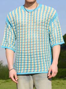 Manfinity CasualKnits 男士圆领短袖条纹镂空简约休闲针织上衣 - 彩色 - 查看 4