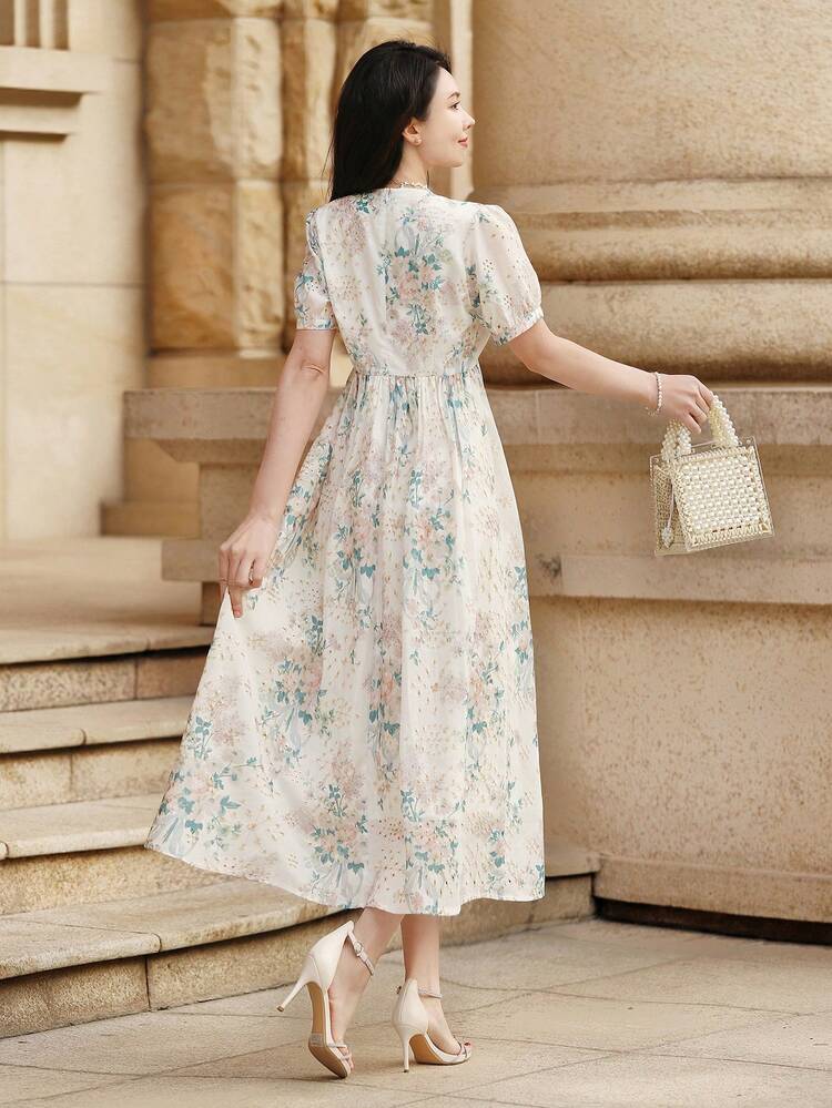 Spring New Floral Print Waist Drawstring Maxi Sundress For Women, Valentine's Day Vacation Outfits Women Cocktail Dress