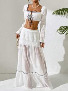 Breezaya Women Elegant Texture Cropped Top And Color Block Ruffled Skirt Co-Ord Set - White - View 4