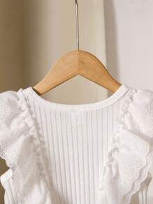 Young Girl' Ruffled Collar Textured Fabric T-Shirt - White - View 5