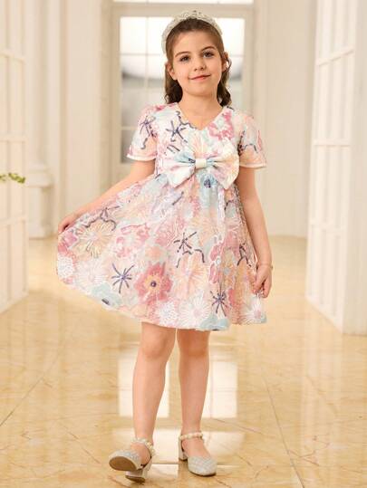 SHEIN Glamorique Kids 复活节、花童、生日派对、年轻女孩婚礼礼服，粉色亮片刺绣网眼正面，蝴蝶结装饰，泡泡袖，适合正式场合、舞台表演、派对、拍照