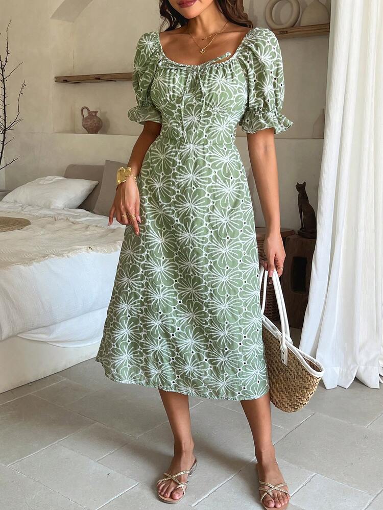Beach Vacation Hollow Out Lace Jacquard Square Neck Puff Sleeve Drawstring Waist Women Dress Summer Floral,Teacher Outfits Prom Dress Easter Boho