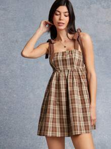 WESTFADE 混合媒体西部格子和对比色灯芯绒领结肩带娃娃装迷你连衣裙纳什维尔风格服装 - 棕色 - 查看 1