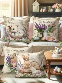 4 pièces Housses de coussin décoratif de Pâques en velours avec lapins, œufs de Pâques, moutons floraux. Amusantes et vintage en violet et brun. Impression unilatérale 45x45cm/18x18po pour la décoration du salon, de la chambre à coucher et du canapé au printemps. Sans les inserts de coussin.