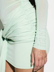 KIZN Chân váy mini xếp nếp có chi tiết nhún ở hông, trang phục dự tiệc tối thanh lịch, bộ sưu tập thời trang xuân hè cho câu lạc bộ - màu xanh lá - Xem 6