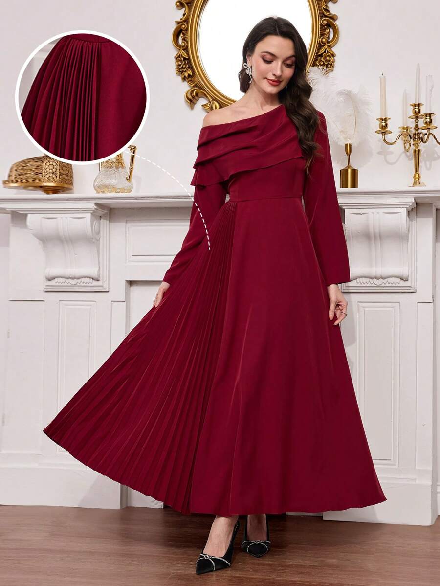 Modelyn Oblique Collar, Pleated Hem Patchwork Long Sleeve Women Long Dress Fall Cloth For Women - Burgundy - View 1