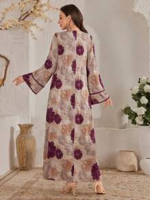 Al Najma Women's Elegant Floral Allover Print Flare Sleeve Arabian Style Dress, Arabian Dresses,Modest - Multicolor - View 5