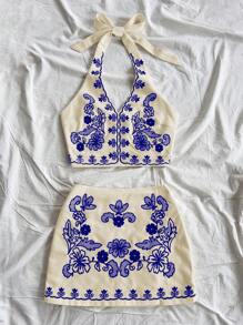 Soleia 2 件套：杏色背景蓝色花卉刺绣露背短款上衣，带后系带和 A 字迷你裙，度假装 - 藍色 - 查看 5