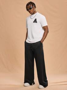 Forever 21 Pantaloni neri casual con gamba dritta, vestibilità morbida, con cordoncino, perfetti per la casa e il tempo libero