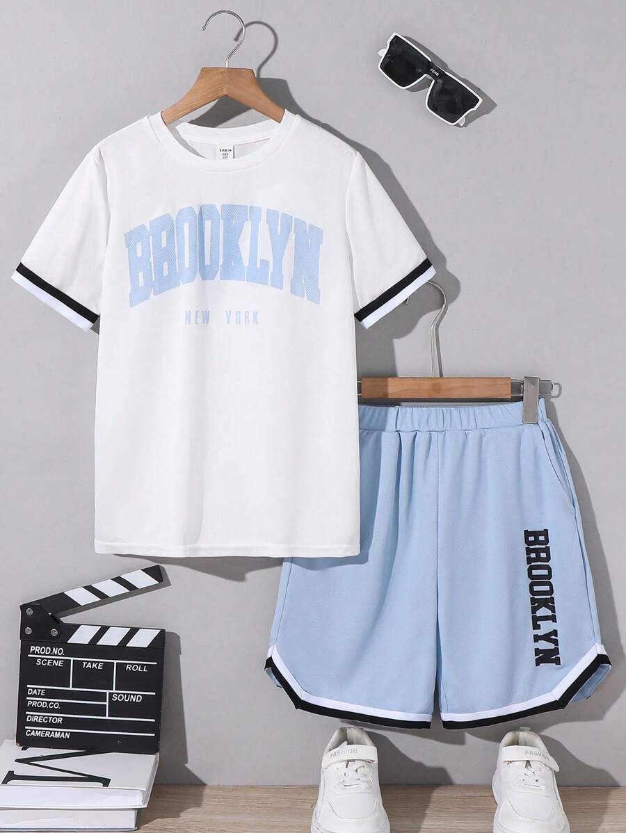 SHEIN 2pcs/Set Tween Boy Letter Graphic Casual Sports Crew Neck Short Sleeve T-Shirt And Shorts Set - Blue - View 1