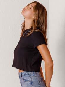 Aralina Jet Black Cropped Hem Capped Sleeve Tee