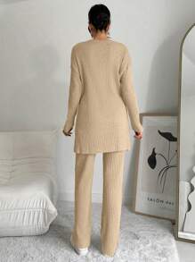 Cottnline Conjunto de dos piezas de pantalones y top largo de corte alto 100% algodón para mujer