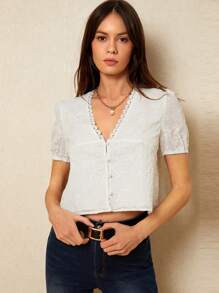 Poéselle 女式衬衫 纹理刺绣面料短衬衫 女士休闲商务纯色刺绣泡泡袖衬衫 夏季上衣 夏季女式波西米亚风女式上衣 女式衬衫 短款上衣 外出上衣 白色上衣 女式衬衫 短款女式上衣 夏季西部装女式 春季女式白衬衫 波西米亚风上衣 节日可爱上衣 办公室女式音乐会女式上衣