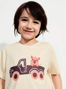 SHEIN 男童卡车动物图案圆领 T 恤和宽松全印花裤两件套，米色 - 米色 - 查看 5