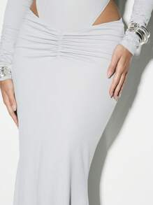 KIZN Elegante falda larga drapeada ajustada para fiesta de noche, boda, invitada,ocasión especial, hasta el suelo, elástica - Gris - Ver 4