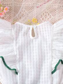 3pcs Tween Girls Textured Fabric Frill Trim Sleeveless Blouse With Green Shorts, Summer Vacation Outfit With Bonus Sun Hat - White - View 6