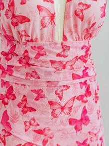 Soleia Plus Size Romantic Valentine's Day Floral Butterfly Print V-Neck Halter Mini Dress With Tie Detail And Ruffled Mesh, Summer - Multicolor - View 7