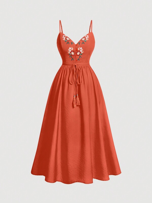 SHEIN MOD Plus Size Front & Middle Floral Print Waist Defined Flared Hem Orange Resort Dress,Country Concert Outfit,Beach Vacation Outfits,Western Wear Women,Beach Dress Sundress,Holiday Outfits Boho