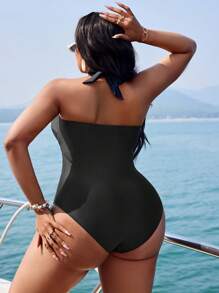Swim SXY Plus Size Women Głęboki Dekolt w Serek Jednolity Kolor Wyszczuplający Elegancki Halter Jednoczęściowy Kostium Kąpielowy, Na Letnie Wakacje Na Plaży