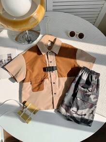 SHEIN 2 Packs Young Boys Casual Street Fashion Colorblock Shirt And Camouflage Shorts Set Suitable For School Suitable For Travel Suitable For Sports Suitable For Spring And Summer Seasons