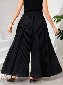 Ellevyn Calça Pantalona Plissada de Cor Sólida Elegante Plus Size, Calça Solta, Culottes, Calça FeminiPlus Sizeande Feminino, Calça Preta - Preto - Visão 3