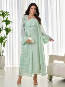 Modelyn 2pcs Set: Chiffon Embroidered Elegant Jacket + Fashionable Neck-Wrap Dress For Women, Spring/Summer Fall Cloth For Women