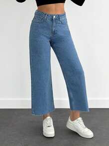 RueChic CASUAL HIGH WAIST CROPPED STRAIGHT JEANS - Medium Wash - View 1