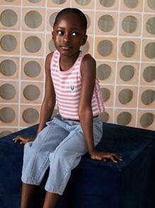 SHEIN Young Girls Floral Embroidered Pink Striped Ruffled Tank Tops & Camis, Casual Everyday Style