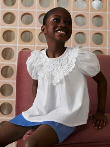 SHEIN 年轻女孩蕾丝领泡泡袖宽松白色衬衫 - 白色 - 查看 4