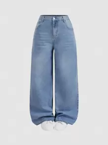 SHEIN MOD Plus Size Women Casual Loose Fit Wide Leg Black Jeans