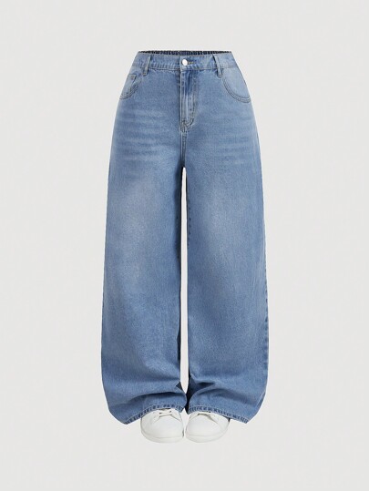 SHEIN MOD Jeans negros de pierna ancha y corte holgado para mujer de talla grande