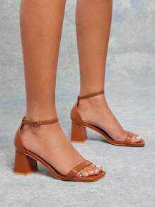 SHUZIA 畅销女式简约单带方头舒适中底斜跟PU棕褐色凉鞋 - 百搭、时尚、舒适