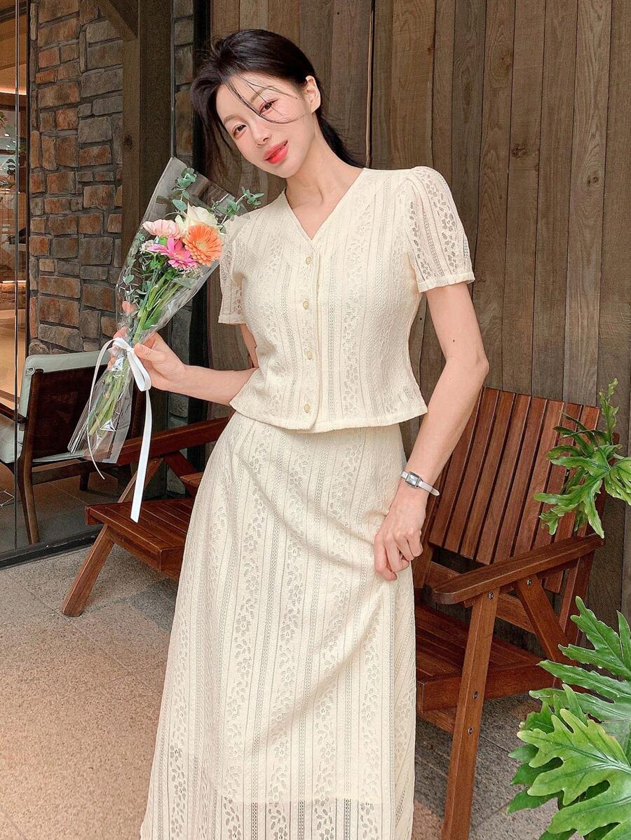 DAZY Nouvel ensemble élégant et texturé de 2 pièces pour femmes pour l'été - Beige - Voir 1