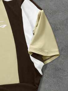 Manfinity Streetrush Camiseta de manga corta casual para hombre con bloque de color contrastante y estampado de letras, de cuello redondo y holgada, de parches, para uso diario y casual, regalo para vacaciones, para todas las estaciones y para ir y venir del trabajo