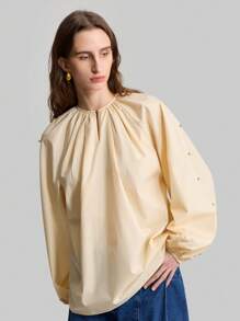 Ontre Camisa feminina com botões de metal vintage, mangas bufantes e design de punho, cor damasco para primavera/verão - Damasco - Ver 6
