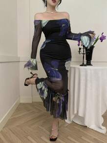 DAZY Wiosenna nowa sukienka letnia z kwiatowym nadrukiem i talią, Muse Off Shoulder Mesh Transparent Full Bloom Dress dla kobiet, falbana