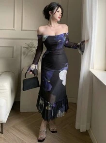 DAZY Wiosenna nowa sukienka letnia z kwiatowym nadrukiem i talią, Muse Off Shoulder Mesh Transparent Full Bloom Dress dla kobiet, falbana