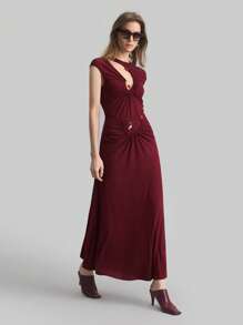 Ontre Vintage 90s Women's Metal Decor Asymmetric Neckline Hollow Out Design Brown-Red Knit Dress - Burgundy - View 7