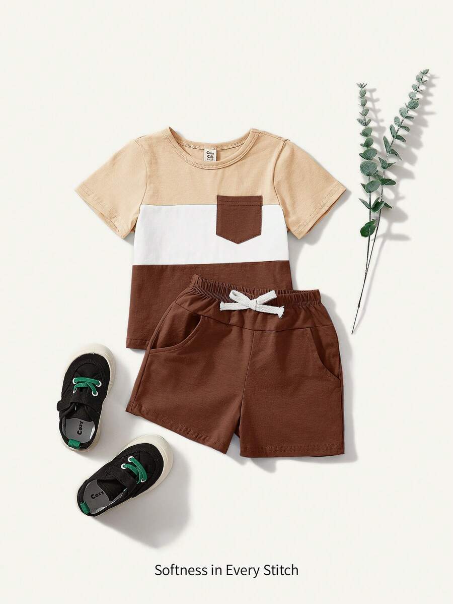 Cozy Pixies Bộ 2 món/bộ áo thun cổ tròn tay ngắn màu tương phản cho bé trai/gái và quần short thể thao - Nhiều màu - Xem 1