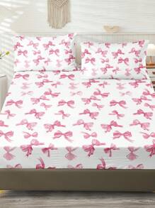 3pcs Watercolor Pink Bow Girly Cute Digital Print Bed Sheet Set (1pc Bed Sheet + 2pcs Pillowcases, No Filler), Soft Daily Polyester Fiber Skin-Friendly For Indoor Bedroom Master Bedroom Guest Room Dormitory, All Season