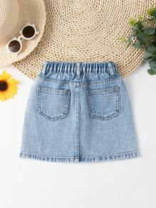 Young Girls Heart Rhinestone Washed Denim Casual A-Line Skirt - Medium Wash - View 2