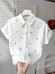 SHEIN Tween-Mädchen Lockere weiße Kurzarmbluse mit Herz-Print, geeignet für Frühling/Sommer, Frühlingsausflug, Country-Style, Tee im Garten, Lässig ausflüge, Valentinstag, passende Outfits für Mama und mich