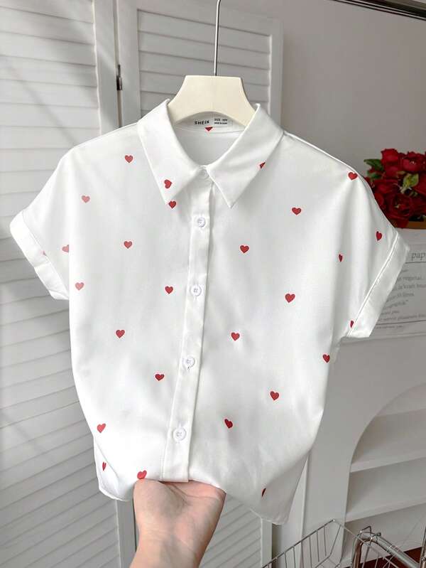 SHEIN Tween Girls' Loose White Short Sleeve Blouse With Heart Print, Suitable For Spring/Summer, Spring Outing, Countryside Style, Garden Tea, Casual Outings, Back To School, Valentine's Day, Mommy And Me Matching Outfits,Summer Tops,Tween Girl Clothes,Babydoll Top,White Top,White Shirt,Cute Tops